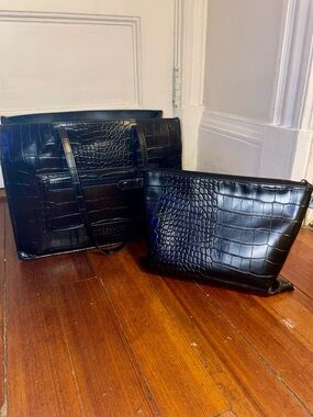 BEIS Black Croc-Embossed Tote with Matching Pouch